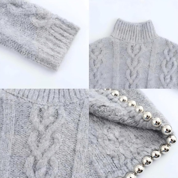 Zara Gray Cable Knit Turtleneck Sweater with Beaded Detail - Picture 4 of 7